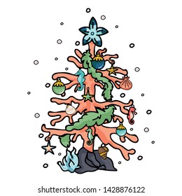 Cute Coral Reef Christmas Tree Cartoon Vector Illustration Motif Set. Hand Drawn Isolated Starfish Decoration Elements Clipart For Nautical Xmas Blog, Seaweed Tinsel Graphic.