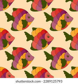 Cute Korallenriff Fische endlose Ziergestaltung. Wasserlebewesen Muster. Kinder gestalten Stoffdruck. Korallenriff Fische unter lebendiger Illustration. Unterschiedliche Farbskalen, Flossen