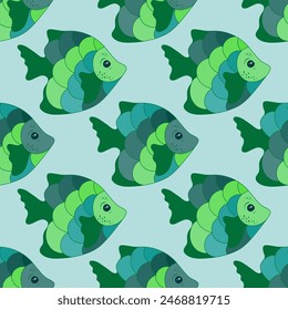 Cute coral reef fish seamless ornament vector. Sea water animals pattern. Children fashion fabric print. Coral reef fish wildlife illustration. Different color scales, tail