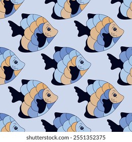 Nettes Korallenriff Fisch nahtloses Muster Design. Meerwasserkreaturen schwimmen. Kinder Mode Stoff Druck. Korallenriff Fisch Tierwelt Illustration. Bunte Schamlippen, Flossen