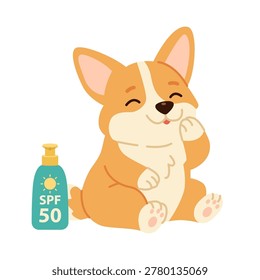 Cute Corgi Applying Sunscreen SPF Protection Summer. Flat Cartoon Vector Illustration Isolated on White Background.