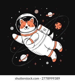 Cute Corgi Astronaut Floating in Outer Space Among Planets and Stars Vector Illustration
