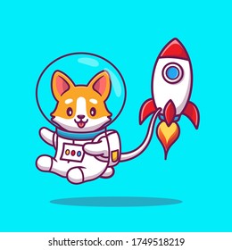 Cute Corgi Astronaut With Rocket Cartoon Vector Icon Illustration. Animal Space Icon Concept Isolated Premium Vector. Flat Cartoon Style 