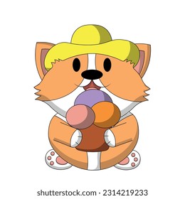 Cute Corgi in a beach hat and with ice cream in color