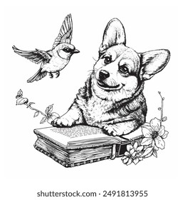 cute corgi, book bird vector exlibris stamp graphics