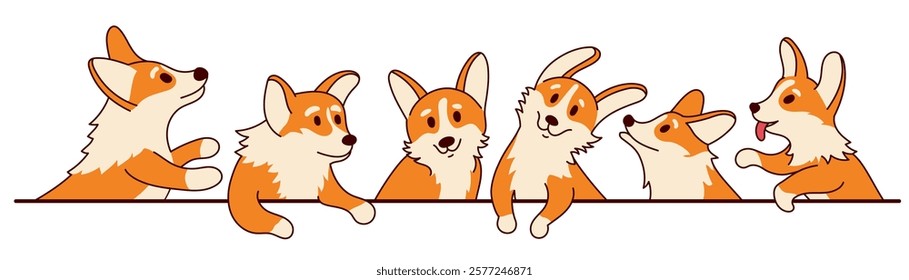 Cute corgi border. Doggy and puppy cartoon character, funny welsh dog with happy face, playful puppies with different emotions. Vector corgi dogs illustration.