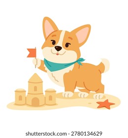 Cute Corgi Building Sandcastle on Beach Summer Vacation. Vector Illustration.