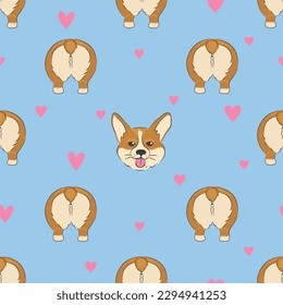 Cute corgi butt and face seamless pattern. Vector cartoon dog background