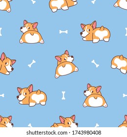 Cute corgi butt, welsh corgi dog looking back seamless pattern, vector illustration