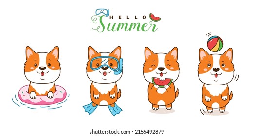 cute corgi cartoon summer set.