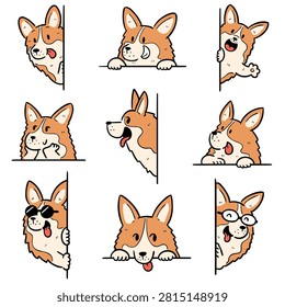 Cute corgi character set peeking from edge hand drawn doodle style vector illustration
