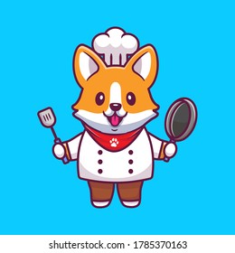 Cute Corgi Chef With Frying Pan And Spatula. Cartoon Vector Icon Illustration. Animal Profession Icon Concept Isolated Premium Vector. Flat Cartoon Style.