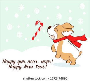 A cute Corgi Christmas card. Funny message Funny dog, Christmas Lollipop. Vector graphics.