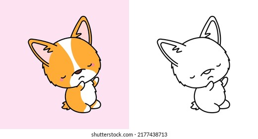 Cute Corgi Clipart Illustration and Black and White.  Funny Clip Art Welsh Corgi. Vector Illustration of a Kawaii Dog for Coloring Pages, Stickers, Baby Shower, Prints for Clothes.
