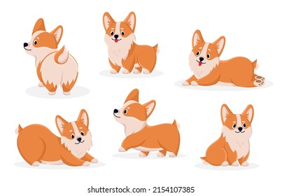 Juego de caracteres de historieta de corgi. Ilustraciones vectoriales de perros graciosos con emociones amistosas. Caricatura en frente, en el lado y en el trasero de jugar perrito blanco aislado. Compañía animal, concepto de mascota feliz