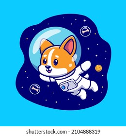 Cute Corgi Dog Astronaut Floating In Space Cartoon Vector Icon Illustration. Animal Science Icon Concept Isolated Premium Vector. Flat Cartoon Style