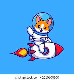 Cute Corgi Dog Astronaut Riding Rocket And Waving Hand Cartoon Vector Icon Illustration. Animal Technology Icon Concept Isolated Premium Vector. Flat Cartoon Style