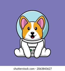 Cute Corgi Dog Astronaut Sitting Cartoon Vector Icon Illustration. Animal Science Icon Concept Isolated Premium Vector. Flat Cartoon Style	