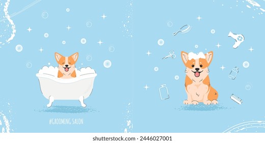 Cute corgi dog in bathtub in flat style. Illustration of pet grooming for content, banner, greeting card. Vector