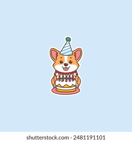 Cute corgi dog with birthday cake cartoon, vector illustration