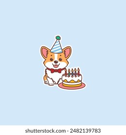 Lindo perro corgi con dibujos animados de torta de cumpleaños, Ilustración vectorial