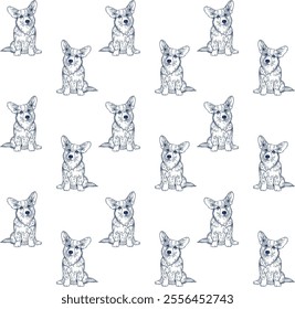 Cute corgi dog blue ink seamless pattern for wallpaper, fabric, wrapping paper, etc.	