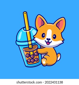 Cute Corgi Dog With Boba Milk Tea Cartoon Vector Icon Illustration. Animal Drink Icon Concept Isolated Premium Vector. Flat Cartoon Style