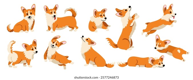 Cute corgi dog. Cartoon funny puppy, adorable doggie domestic animals in different cutie poses and situations, comic welsh dogs mascots. Vector flat set.