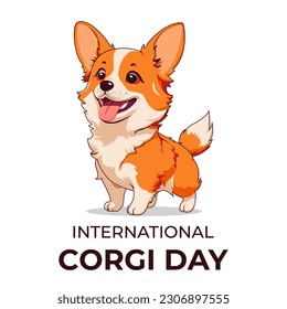 Ilustración vectorial de dibujos animados de perro de Corgi, adecuada para banner, tarjeta, publicación en medios sociales y afiche, Día Internacional del Corgi