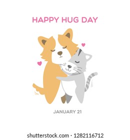 Cute corgi dog and cat illustrating hug day background vector.
