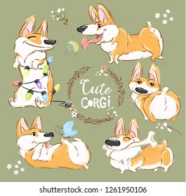 Cute Corgi Dog Character Cartoon Vector Set. Funny Short Fox Pet Group Smile, Play with Ball and Bone. Cheerful Happy Orange Puppy Flat Cartoon Collection for Print Poster