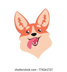 Cute corgi dog. Colorful vector illustration of Welsh Corgi Pembroke head in flat cartoon style isolated on white background. Element for your design, avatar, print. Funny pet smiling.