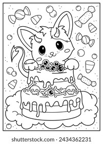 Cute corgi dog with creepy cake. Coloring book for children. Coloring book for adults. Halloween.