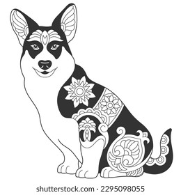 Cute corgi dog design. Animal coloring page with mandala and zentangle ornaments