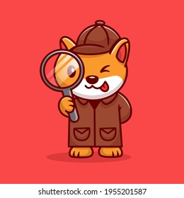 Cute Corgi Dog Detective With Magnifying Glass Cartoon Vector Icon Illustration. Animal Profession Icon Concept Isolated Premium Vector. Flat Cartoon Style