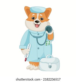 Cute corgi dog in doctor's clothes with thermometer and stethoscope