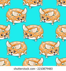  Cute corgi dog donuts on blue background. Seamless pattern.Texture for fabric, wrapping, wallpaper