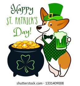 Cute corgi dog dressed as leprechaun, holding green beer mug, with pot of gold coins vector cartoon illustration. Happy St. Patrick's day, dog lovers, pet theme greeting card design isolated on white 