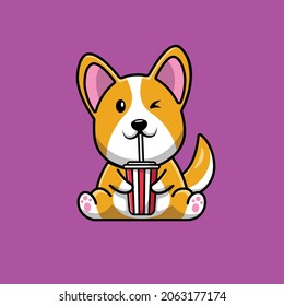 Cute Corgi Dog Drink Soda Cartoon Vector Icon Illustration. Animal Food And Drink Icon Concept Isolated Premium Vector. Flat Cartoon Style