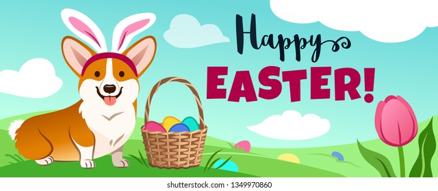 Cute corgi dog in Easter bunny costume sits in green field, basket full of candy eggs, eggs hidden in grass, vector cartoon illustration, text "Happy Easter!"   