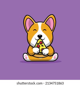 Cute Corgi Dog Eat Pizza Cartoon Vector Icon Illustration. Animal Food Icon Concept Isolated Premium Vector. Flat Cartoon Style
