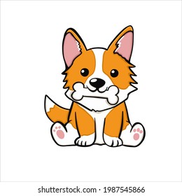 Cute Corgi Dog Eating Bone Cartoon Vector Icon Illustration. Animal Nature Icon Concept Isolated Premium Vector. Flat Cartoon Style