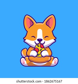 Cute Corgi Dog Eating Pizza Cartoon Vector Icon Illustration. Animal Food Icon Concept Isolated Premium Vector. Flat Cartoon Style