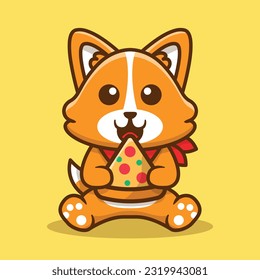 Cute Corgi Dog Eating Pizza Vector Cartoon Illustration