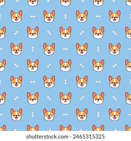 Cute corgi dog face cartoon seamless pattern, vector illustration