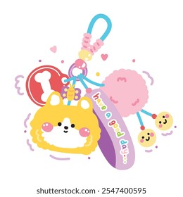 Cute corgi dog face head keychain bag with bead and furry ball.Have a good day text.Butterfly,heart,smile face.Pet animal cartoon.Image for card,sticker,decoration item.Kawaii.Vector.Illustration.