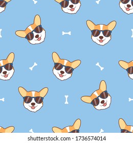  Cute corgi dog face with sunglasses cartoon seamless pattern, vector illustration