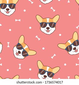  Cute corgi dog face with sunglasses cartoon seamless pattern, vector illustration