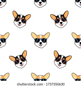  Cute corgi dog face with sunglasses cartoon seamless pattern, vector illustration