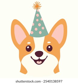 Cute Corgi Dog Face Wearing Party Hat isolated on white background, Vector Illustration.